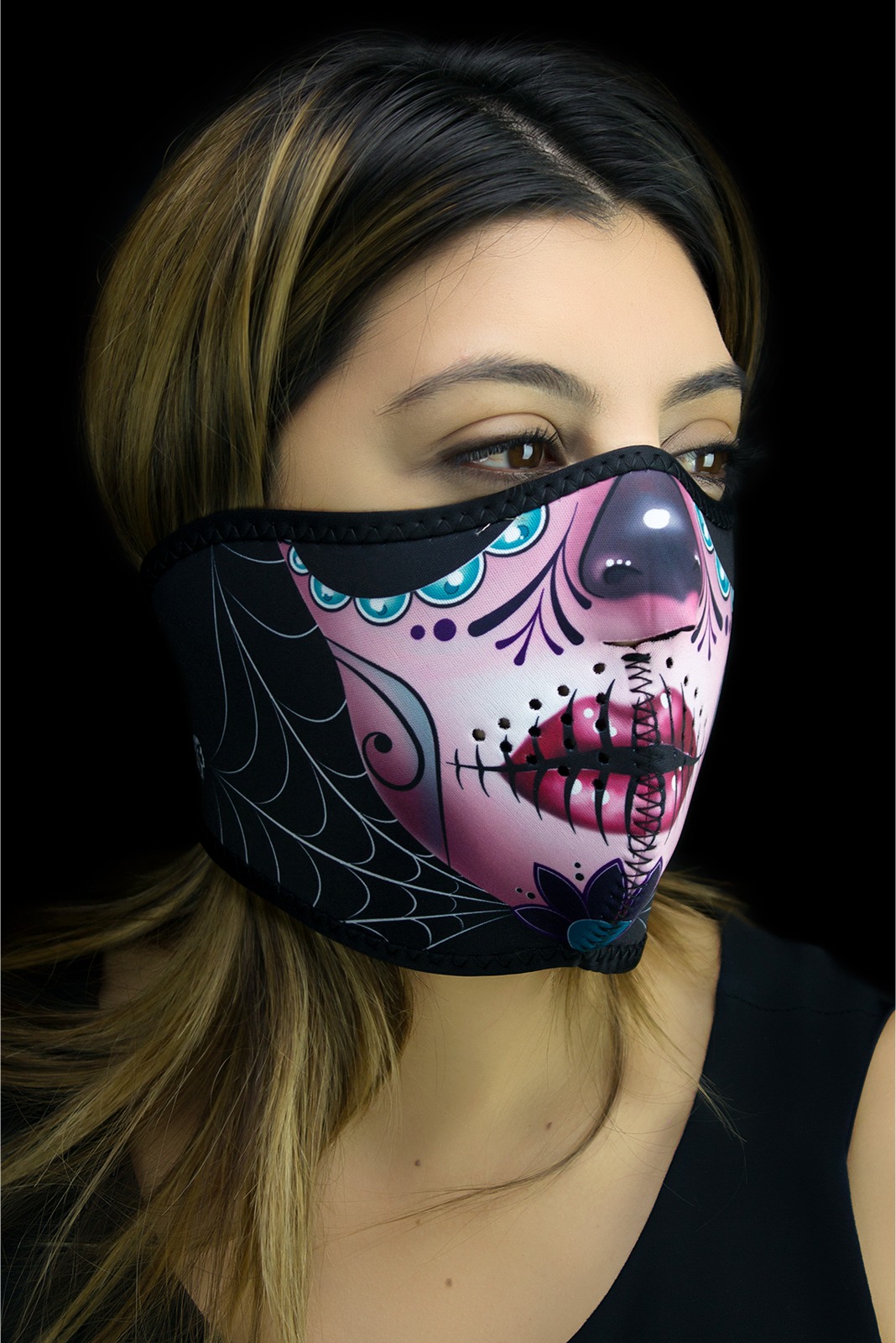 Half-Face Neoprene Mask - Face Mask Neo 1/2 Sugar Skull - Click Image to Close