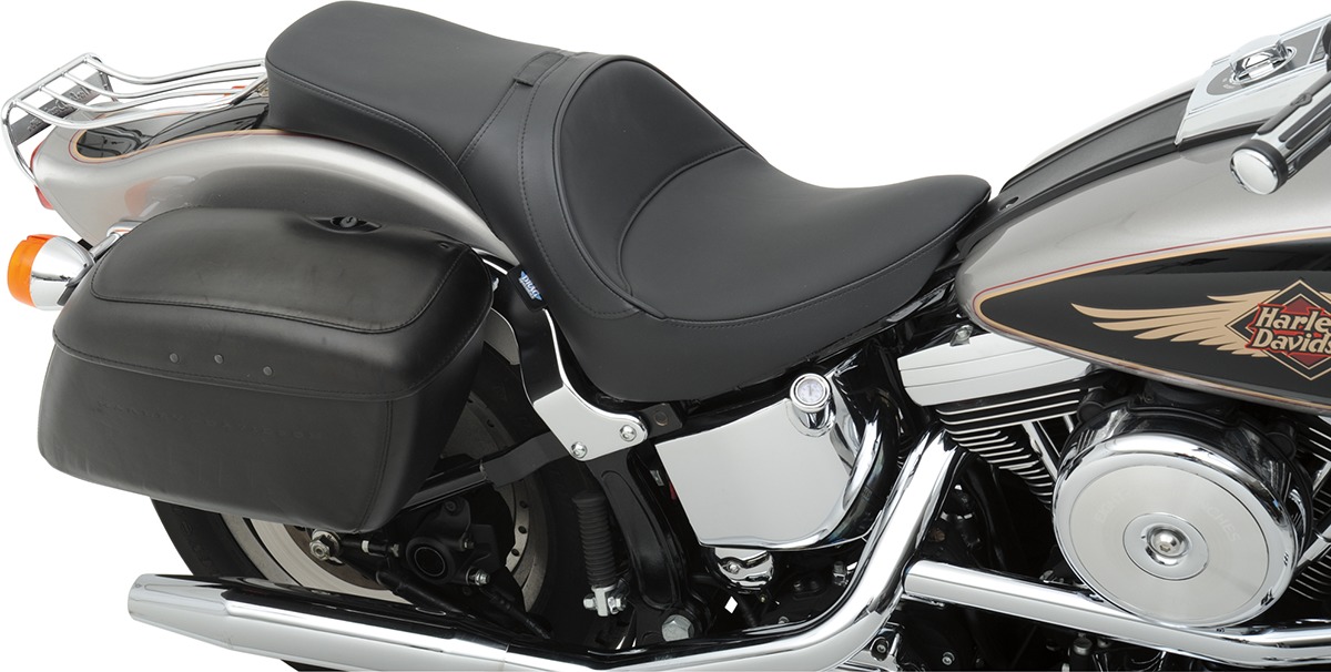 Plain Solar-Reflective Leather 2-Up Seat Black Low - For 84-99 HD Softail - Click Image to Close