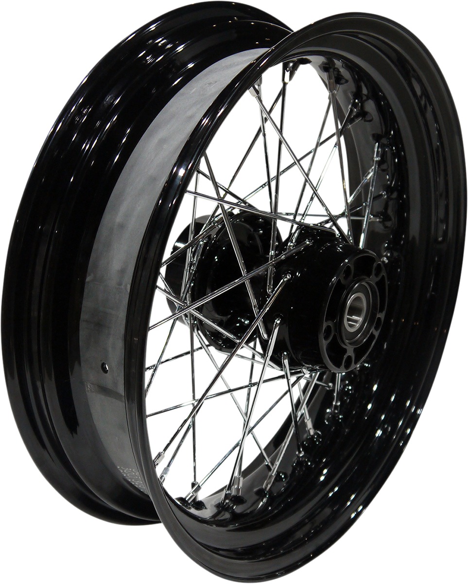 17x4.5 Laced Wheel - Black Hub w/ Black Rim - Side Valve Hole - for 08-17 FXD/â€‹FXDWG (w/o ABS) - Click Image to Close