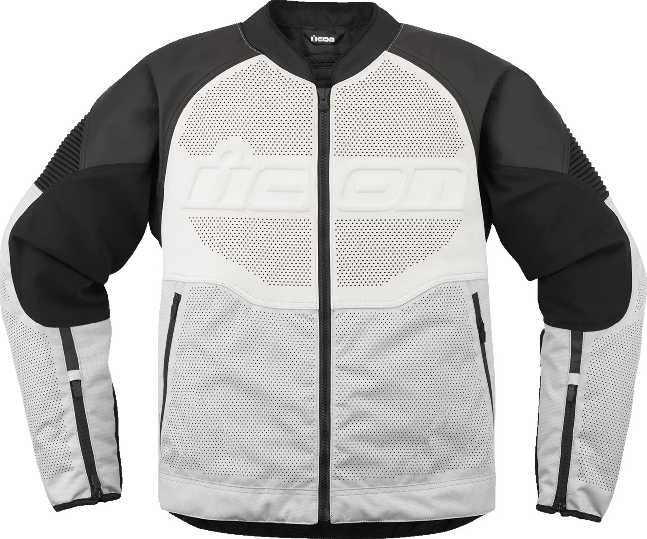 ICON Overlord3 Leather Jacket Men's S White/Black - Men's sport-fit leather jacket - Click Image to Close