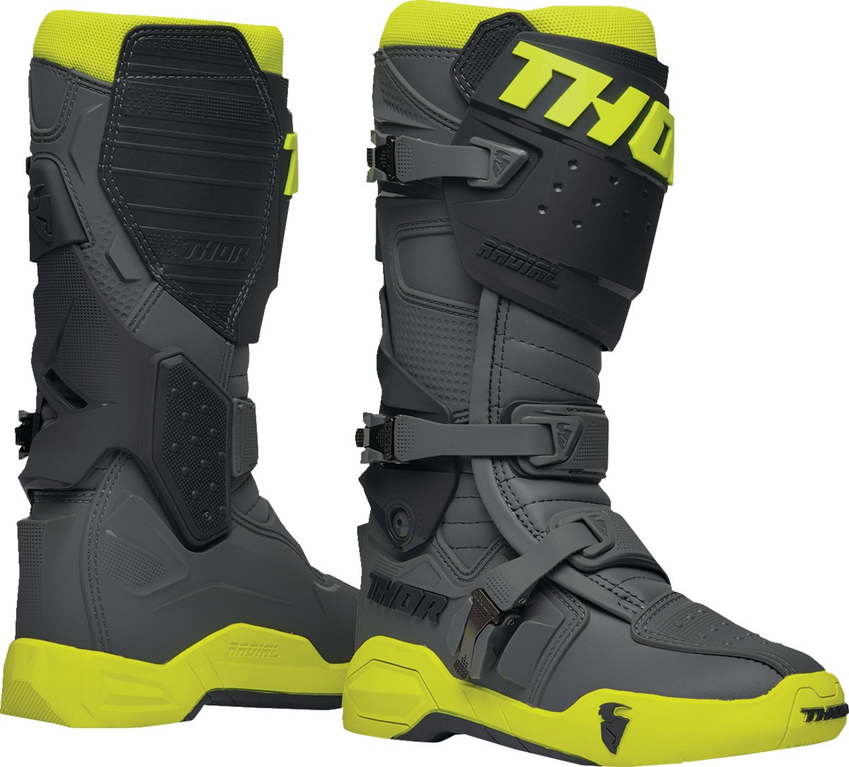 THOR Radial MX Boots - Gray/Fluorescent Yellow, Size 7 - Off-road MX boots in Gray/Fluorescent Yellow - Click Image to Close