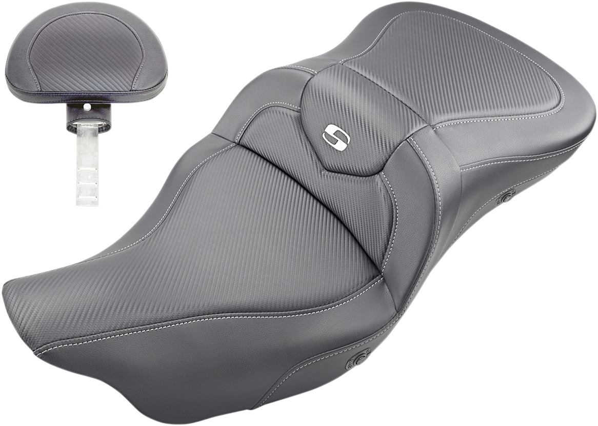 Heated Road Sofa Carbon Fiber 2-Up Seat Gel w/Backrest - For FLHTCUTG - Click Image to Close