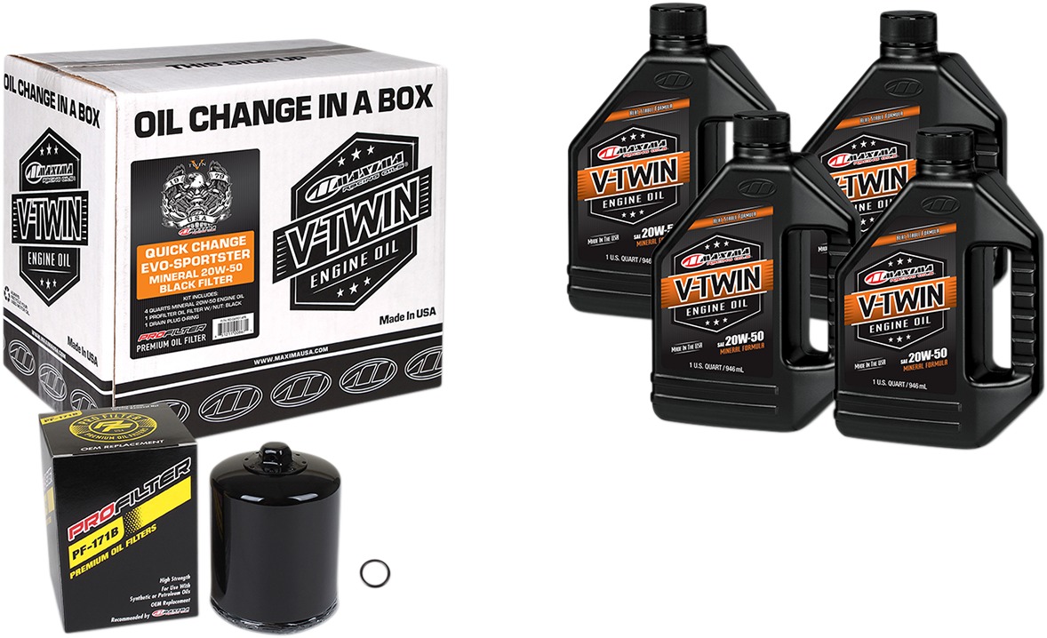 V-Twin Oil Change Kit Mineral w/ Black Filter Evo/Sportster - Click Image to Close