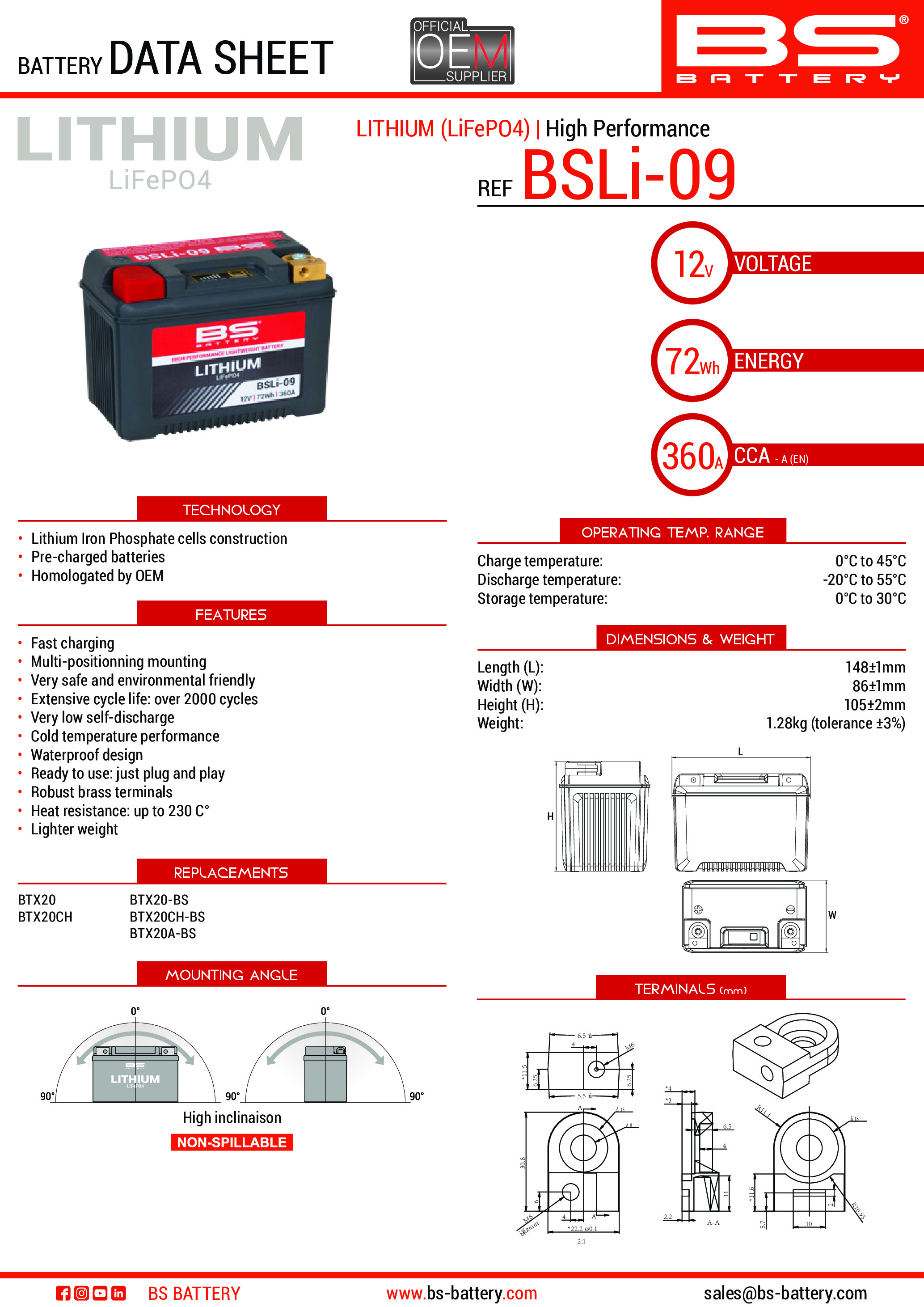 Batterie BS Battery Lithium Ion BSLi-09 (YTX20-BS/YTX20CH-BS/B50