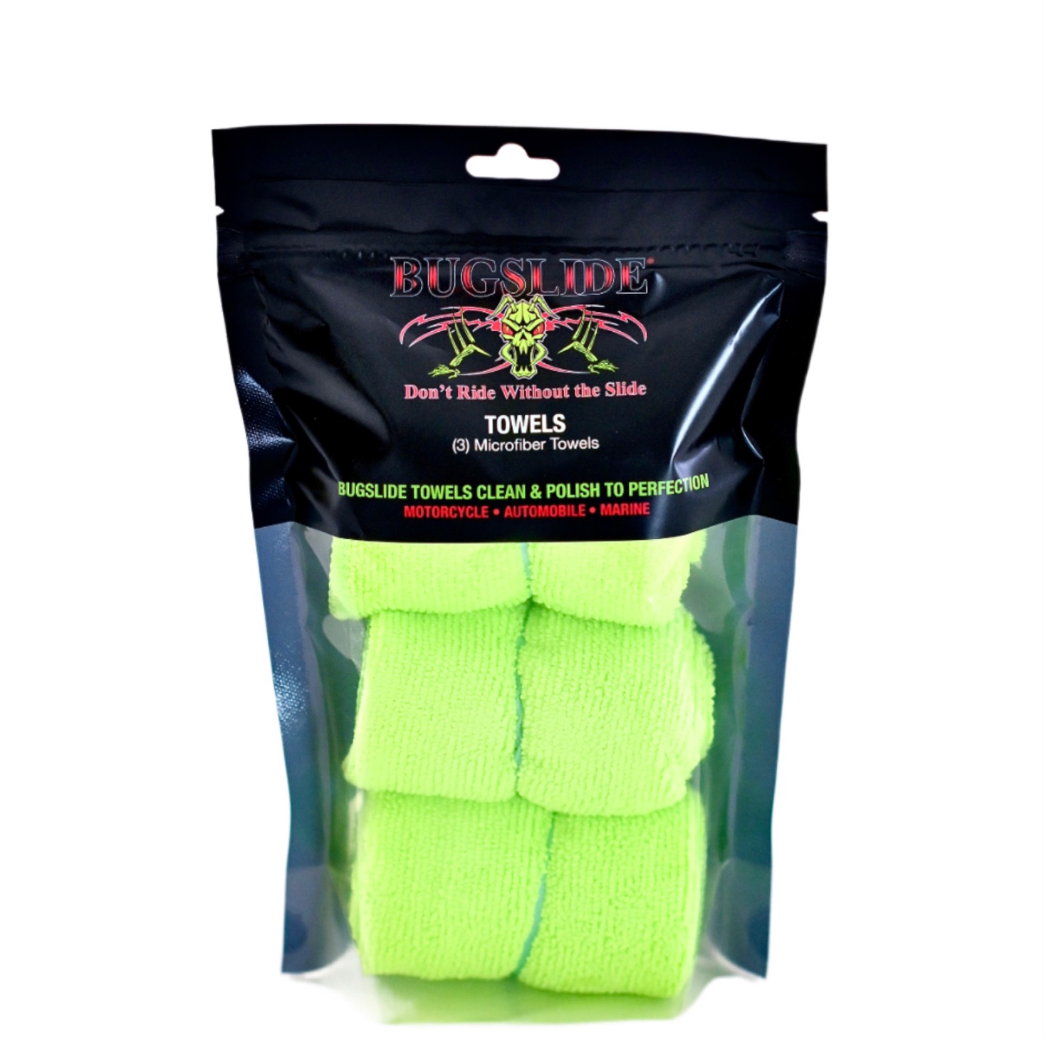 3pk. BugSlide Microfiber Towels - DON'T RIDE WITHOUT THE SLIDE - Click Image to Close