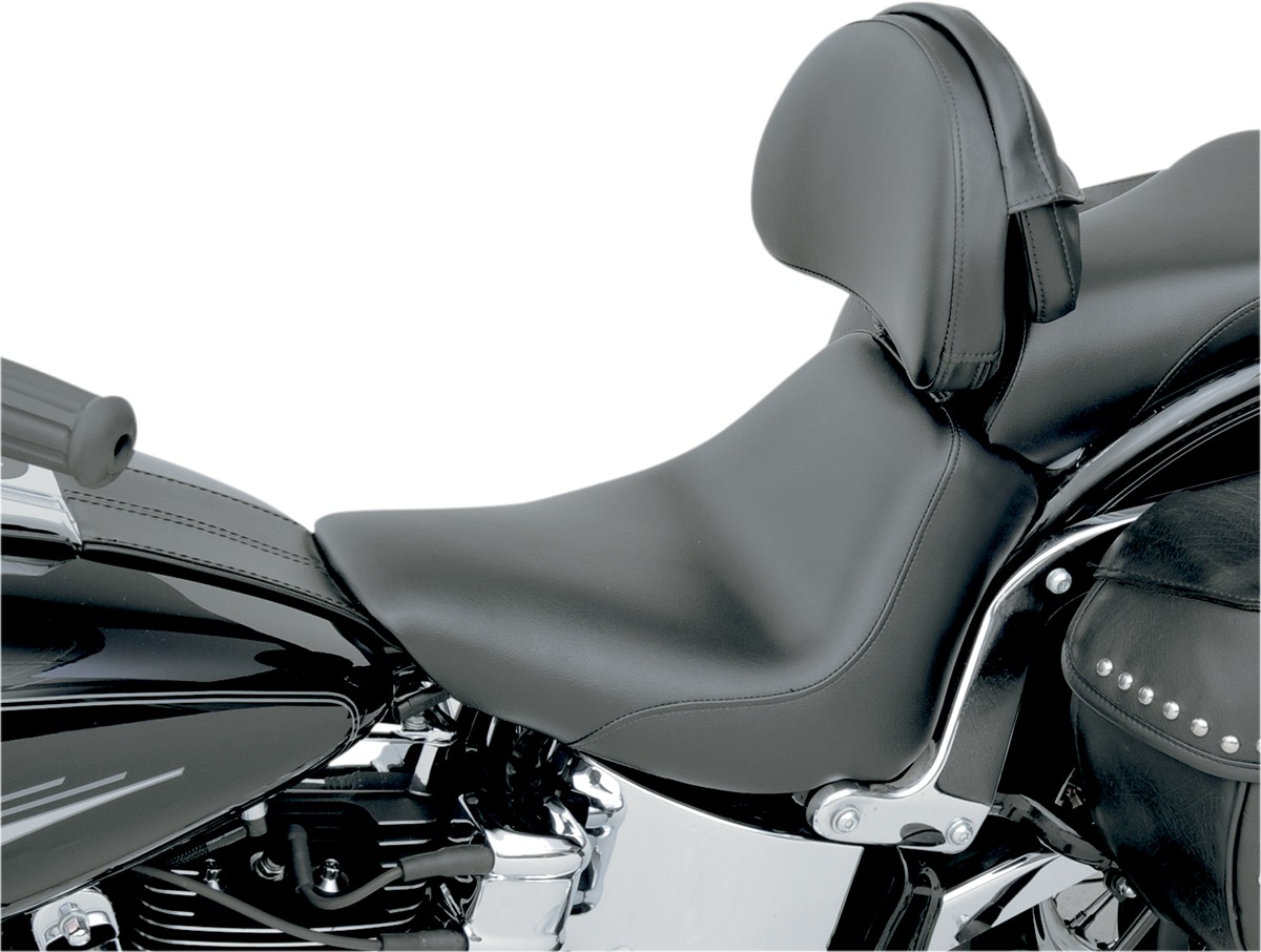 Heels Down Plain Solo Seat Black Gel w/Backrest Low - For Harley Softail - Click Image to Close