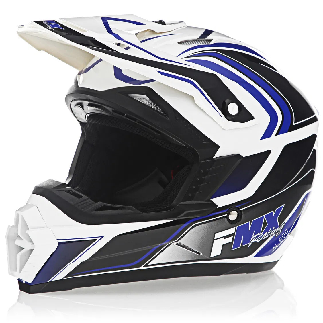 FMX N-600 Youth Large Motocross Helmet, White & Blue, Double D Closure, DOT - Click Image to Close