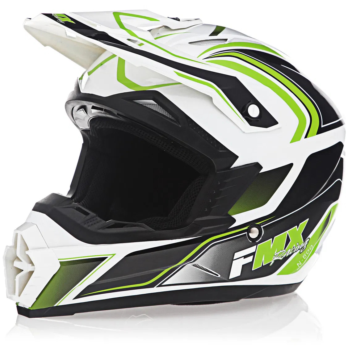 FMX N-600 X-Small Motocross Helmet, White & Green, Double D Closure, DOT - Click Image to Close