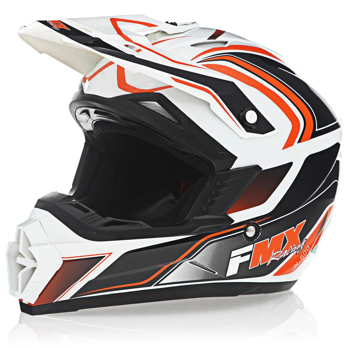 FMX N-600 Youth Medium Motocross Helmet, White & Orange, Double D Closure, DOT - Click Image to Close