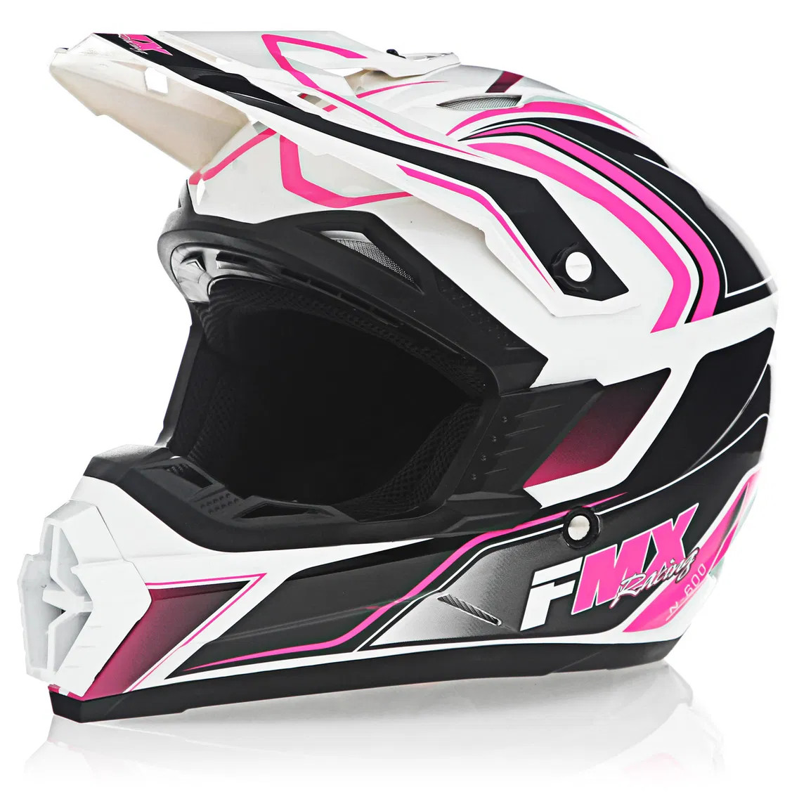 FMX N-600 X-Small Motocross Helmet, White & Pink, Double D Closure, DOT Approved - Click Image to Close