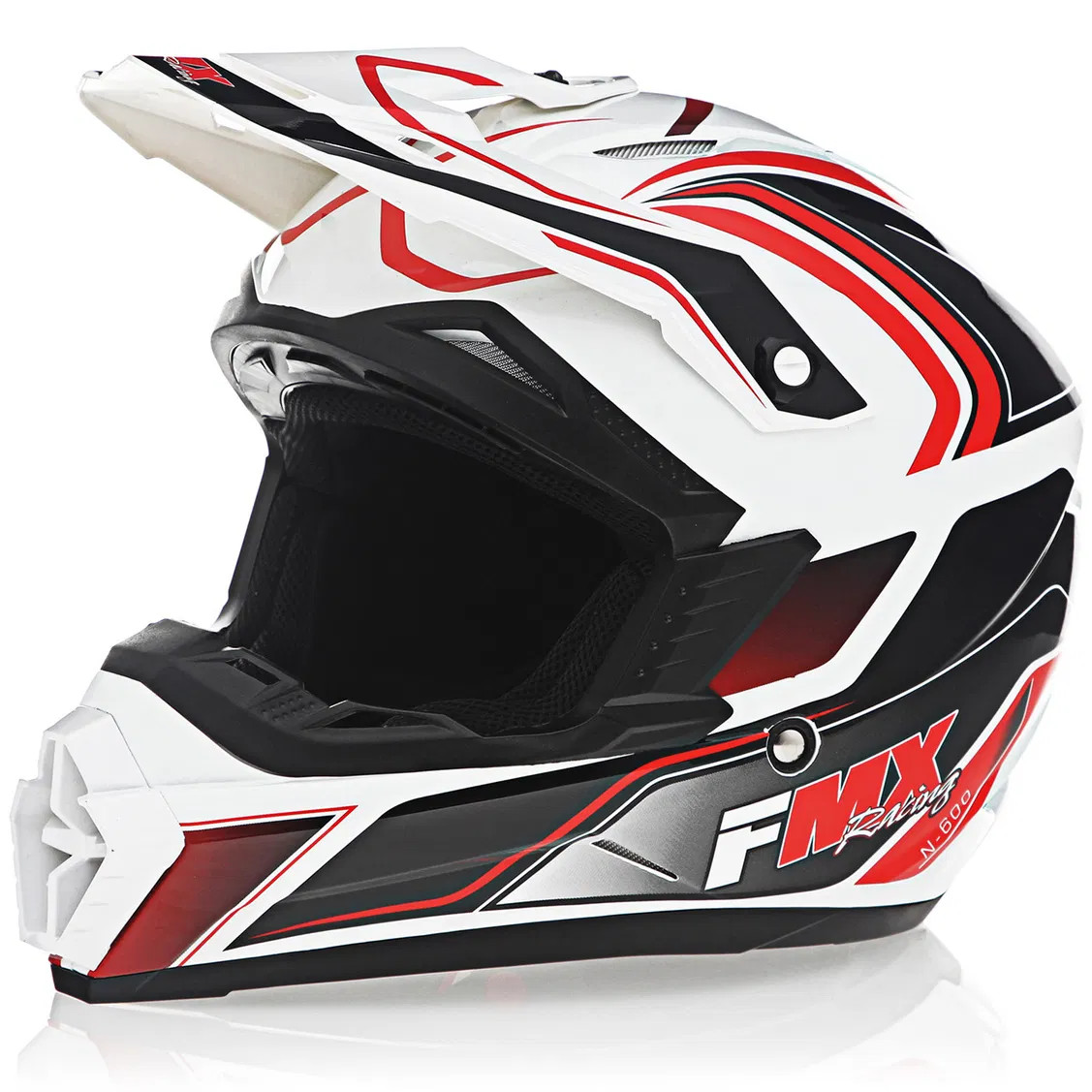 FMX N-600 Youth Medium Motocross Helmet, White & Red, Double D Closure, DOT - Click Image to Close