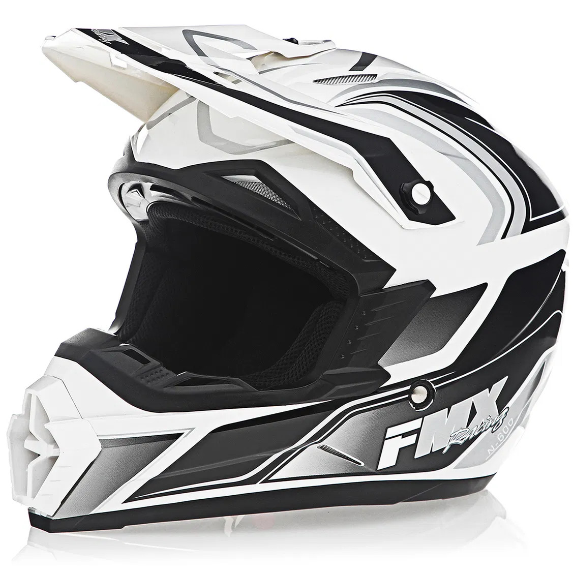 FMX N-600 Small Motocross Helmet, White & Silver, Double D Closure, DOT - Click Image to Close