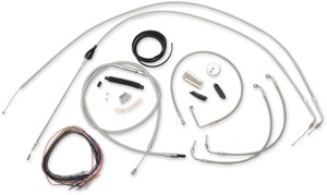 Complete S.S. Cable & Brake Line Extension Kit For Beach Bar Handlebars - For 96-06 Road King & Road Glide w/ Wide Beach Bars