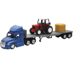 Freightliner Cascadia Flatbed with Farm Tractor and Round Hay Bale/ Scale - 1:43